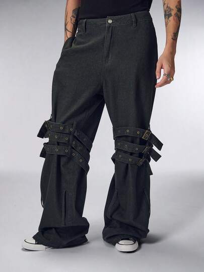 Street Life Herren Gerades Bein Jeans mit Bindebändern in Unifarbe mit Gürtelschlaufen, modisch weite Passform