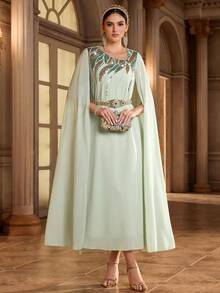 Al Najma Women's Elegant Sequin Decorated Poncho Sleeve Turkish Maxi Dress,Arabic Traditional Abaya Kaftan Jalabiya,Luxury Evening Wedding Party Sage Dresses - Green - View 3