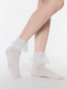 ROMWE 女款中筒襪，荷葉邊飾邊，雙層蕾絲邊緣 - 米白B - 查看 2