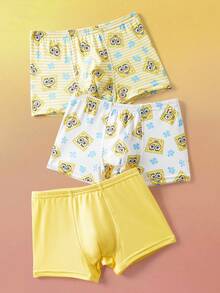 SpongeBob SquarePants | SHEIN 3条/套 男童可爱卡通印花撞色腰带舒适平角内裤 - 黃色 - 查看 2
