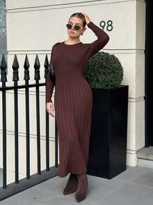 Bethéva Ribbed Solid Color Crew Neck Long Sleeve Maxi Sweater Dress Fall Winter Cloth For Women - Coffee Brown - View 6