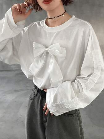 FRIFUL Women's Solid Color Round Neck Drop Shoulder Long Sleeve Bow Decor Casual T-Shirt