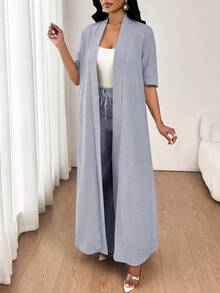 SHEIN Lady 女士优雅休闲通勤度假简约纯色长款开衫外套搭配宽松直筒裤两件套四季皆宜 - 灰色 - 查看 6
