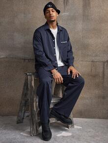 AXEPEAK 男士休闲通勤条纹衬衫和裤子套装 - 藍色 - 查看 5