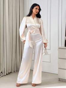 EURMUSE Damen Set aus einfarbigem Shirt mit gekreuztem V-Ausschnitt, geknoteter Taille und Laternenärmeln sowie weiten Hosen, elegant - Weiss - Übersicht 1