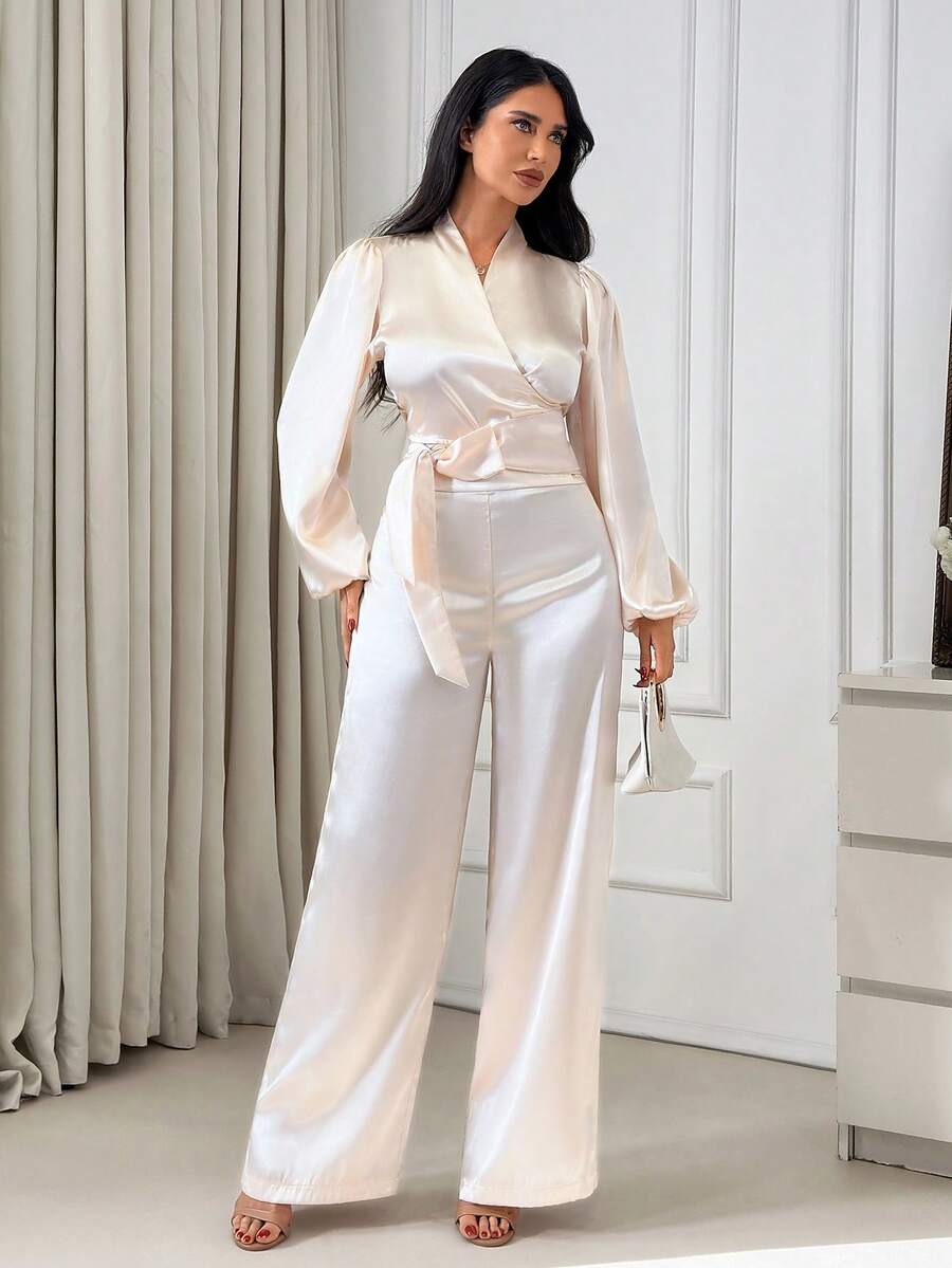 EURMUSE Damen Set aus einfarbigem Shirt mit gekreuztem V-Ausschnitt, geknoteter Taille und Laternenärmeln sowie weiten Hosen, elegant - Weiss - Übersicht 1