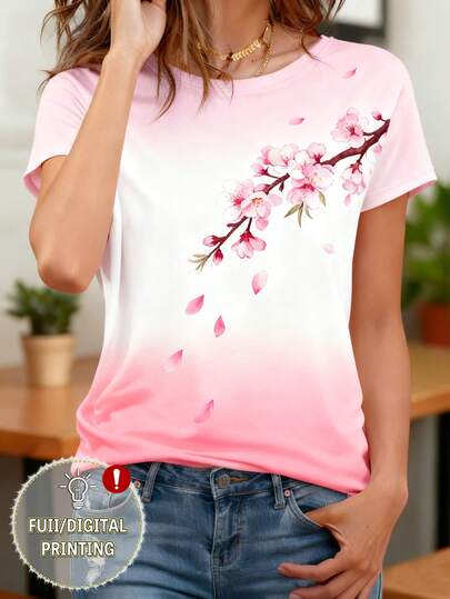 EMERY ROSE Women's Casual Romantic Gradient Peach Blossom Print Short Sleeve T-Shirt