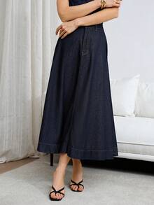Siren Gaze Women's Dark Blue Denim Midi Skirt, Elegant High-Waisted A-Line Skirt Spring Casual - Dark Wash - View 5