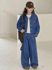 2pcs Tween GirlsNavy Blue Denim Lapel Long Sleeve Loose Pants Set - Medium Wash - View 7