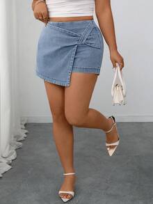 SHEIN Elenzya Plus Size Women Elegant & Comfortable Light Blue Stretch Denim Skirt - Light Wash - View 9