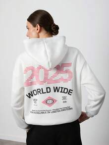 SURIMA Casual White Minimalist Printed Pattern Hooded Loose Fit Thick Sweatshirt For Women - White - View 1