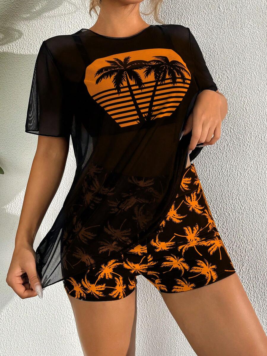 Swim Lushoire Bộ đồ bơi nữ đi biển in hình cây dừa, gồm áo tay ngắn, áo tankini và quần short. - Nhiều màu - Xem 1