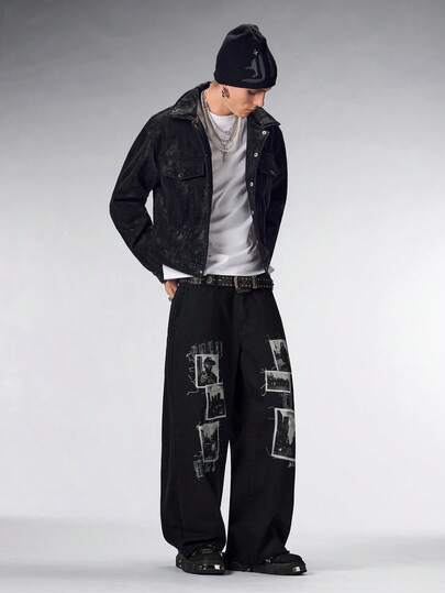 Street Life Jeans oscuros desgastados con estampado gráfico fotográfico para hombres