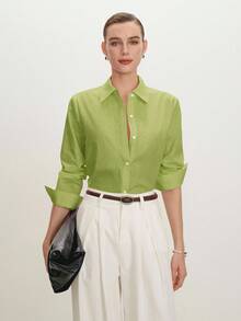 BizChic 春夏新款绿色翻领纽扣休闲衬衫，百搭易穿，适合办公室、社交场合，Y2K风格 - 綠色 - 查看 2