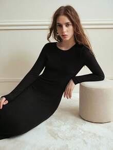 Franclia Striped Textured Elegant Round Neck Midi Dress For Women - Black - View 6