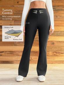 OutZeal 女士柔软保暖磨毛高腰口袋喇叭运动紧身裤秋冬日常休闲款 - 黑色 - 查看 2