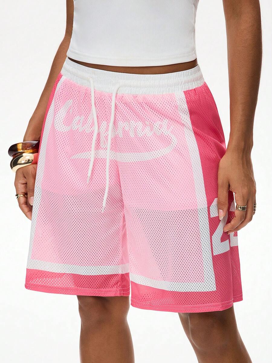 SHEIN EZwear 女士休闲运动风抽绳腰字母印花撞色宽松短裤 - 粉色 - 查看 1