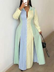 Maweii Vestido Camisa Longo Ajustado de Manga Longa com Fenda, Gola Virada, Botões na Frente, Casual, Xadrez, para Mulheres Plus Size, Primavera/Outono - Multicolorido - Visão 5