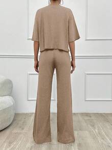SHEIN Tall Cotton Simple Summer Solid Loose Drop Shoulder Short Sleeve Top And Straight Pants - Mocha Brown - View 2