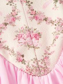 SHEIN MOD Đầm nữ thanh lịch cổ vuông xếp nếp tay phồng ngắn họa tiết hoa jacquard - Hồng - Xem 6