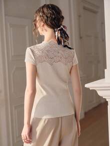 Anewsta Áo thun dệt kim tay ngắn cổ cao ôm dáng thanh lịch màu mơ dành cho nữ - Màu be - Xem 3