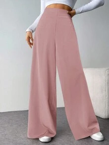 SHEIN Tall CURVE Plus Size Women Casual High Waist Textured Wide Leg Pants, Suitable For Commuting - Pink - View 4