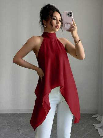 Rafferiza Blusa casual sin mangas de cuello halter en verde claro, de verano