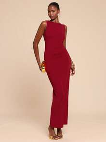 SHEIN BAE Red Sleeveless Backless Metal Buckle Decor Sexy Elegant Dress, Suitable For Valentine's Day, Party, Romantic Date, Bridesmaid, Prom, Birthday, Spring/Summer Open Back Dresses Gowns Glamorous Dress - Red - View 2