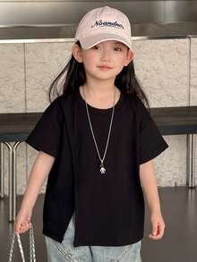 DAZY 女童休闲圆领开衩下摆短袖T恤，春夏款 - 黑色 - 查看 1