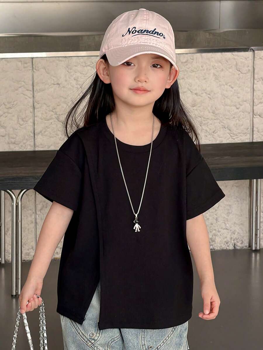 DAZY 女童休闲圆领开衩下摆短袖T恤，春夏款 - 黑色 - 查看 1