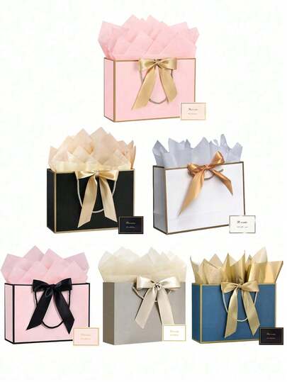 大号礼品袋，带丝带（1/2/5 个），纸质礼品袋，内含薄纸和贺卡，带提手，便携式纸质礼品袋，生日/婚礼/母亲节礼品袋，适合女性、伴娘、生日、情人节、婚礼派对（香槟色/粉色/蓝色/白色/黑色）、情人节、母亲节、万圣节、圣诞节、感恩节。
