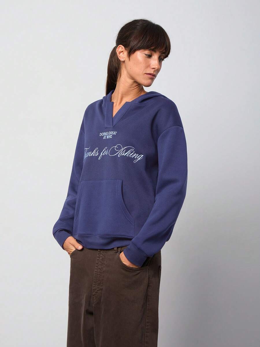 Áo sweatshirt nữ dáng rộng, tối giản, màu xanh navy, tay dài, có túi, thích hợp cho mùa thu/đông, phong cách đường phố. - Màu xanh hải quân - Xem 1