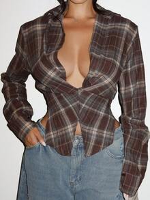 Shopreo 女式扭纹前低领格子上衣 - 淺藍色 - 查看 6