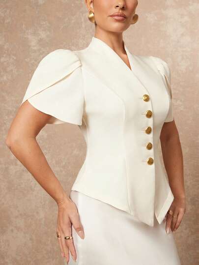 Lumalex Spring Summer Ruffle Collar Puff Sleeve Cinched Waist Metal Button Elegant Luxury Women Blazer Spring Break Outfits Summer Clothes Holiday Outfits Women Valentine's Day Outfit Carnival Costume Beach Outfit Wedding Guest Dress For Women Luxury Evening Bridesmaid Weddings & Events Going Out Outfits Elegant Vacation Outfits Women Luxury Evening Old Money Glitter Holiday Party Rave Festival Outing Vacation Hot Outdoor Richly Layered Wedding Season BanquetParty Looks Of Birthday Party