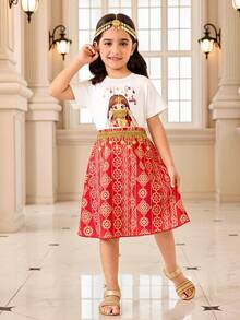 SHEIN 2 pièces/Set Jeune fille Impression de fille mignonne T-shirt à col rond à manches courtes et jupe tissée imprimée à franges de perles florales Tenue décontractée, Printemps/Été - Rouge - Voir 6