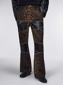 ROMWE MEN Street Life Men's Casual Fashion Street Leopard Print Patchwork Rivet Decor Flared Jeans - Brown - View 4