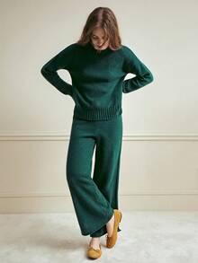 Écloséra 2pcs Solid Color Knitted Sweater And Pants Set, Casual For Autumn/Winter - Dark Green - View 2