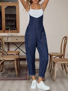 EMERY ROSE New Style Women's Denim Overalls Suspenders Loose Straight Jumpsuit Side Pockets And Jumpsuit Blue Jumpsuit Fall Women Clothes Back To School Halloween Going Out Cargo Pants Women - Dark Wash - View 2