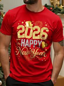 Manfinity Homme Men's Casual 2026 New Year Slogan Print Short Sleeve T-Shirt - Red - View 2