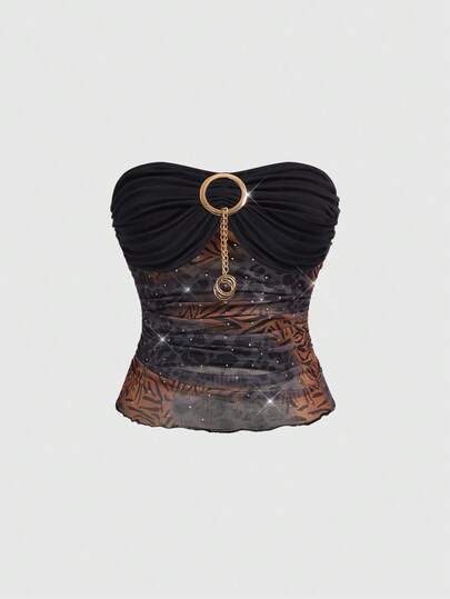 Grunge Punk Top bandeau plissé de sous-culture Y2K de grande taille avec décoration de strass imprimé léopard et tigre, anneau en métal