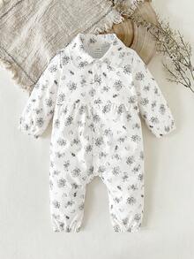 SHEIN Baby Girls' Cute Ditsy Floral Full-Length Jumpsuit With Collar, Front Opening, Ruched Details, Elastic Cuffs And Hem, Long Sleeve, Spring/Autumn - White - View 6