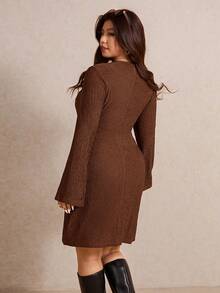 Elaquor Plus Size Solid Color Wrap Dress, Suitable For Commuting Plus Size Brown Dress - Coffee Brown - View 2