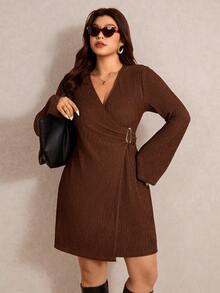 Elaquor Plus Size Solid Color Wrap Dress, Suitable For Commuting Plus Size Brown Dress - Coffee Brown - View 3