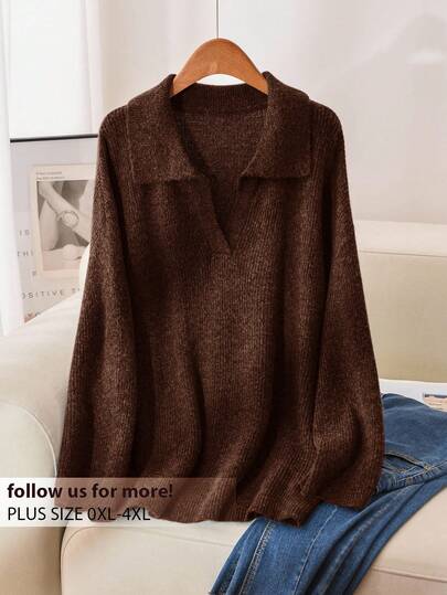 CosyJoli Plus Size Women's Solid Color Turndown Collar Long Sleeve Loose Casual Pullover Sweater Chocolate Brown Sweater Women Sweater V-Neck Sweater Brown Sweater Brown Collared Sweater In Fall/Winter
