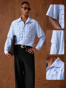 AKNOTIC 男士休闲衬衫，适合日常、商务、校园、约会、拍照、派对等场合，袖子可拆卸，纯色时尚长袖夹克领衬衫，男士条纹衬衫，男士夏季度假衬衫，衬衫，男士夏季度假衬衫，瓜亚贝拉衬衫，浅蓝色印花衬衫 - 杏色 - 查看 4