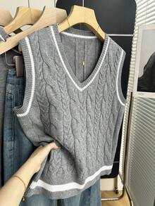 Franclia Áo vest dệt kim màu xám thiết kế tối giản mới dành cho nữ, thích hợp cho mùa xuân/thu. - Xám - Xem 1