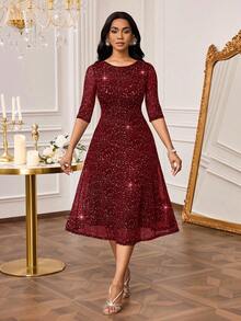 SHEIN Lady Đầm nữ cổ tròn đính đá lấp lánh, dài đến đầu gối - Màu Đỏ Sâu - Xem 6