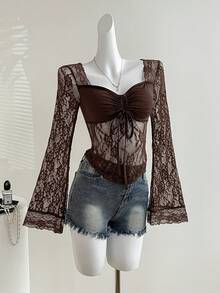 Sweetra Casual Lace Trim Sheer Drawstring Blouse, Sexy Street Style, Spring/Summer - Brown - View 3