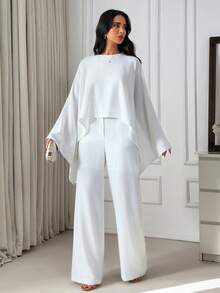 EURMUSE White High-Waisted Wide-Leg Pants And Flowing Cape Top Set – Elegant Evening Suit, Formal Women's Outfit, Chic Crepe Party Ensemble, Stylish Two Pieces, Modern Minimalist White Suit, Sophisticated Fashion, High Waist, Luxurious Occasion Wear - White - View 5