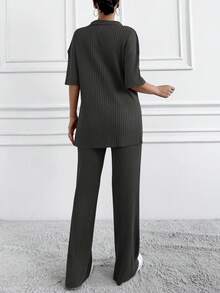 EURMUSE Cotton Two Pieces Set Polo Neck Top And Pant Set Rib Knit Fabric - Dark Grey - View 2